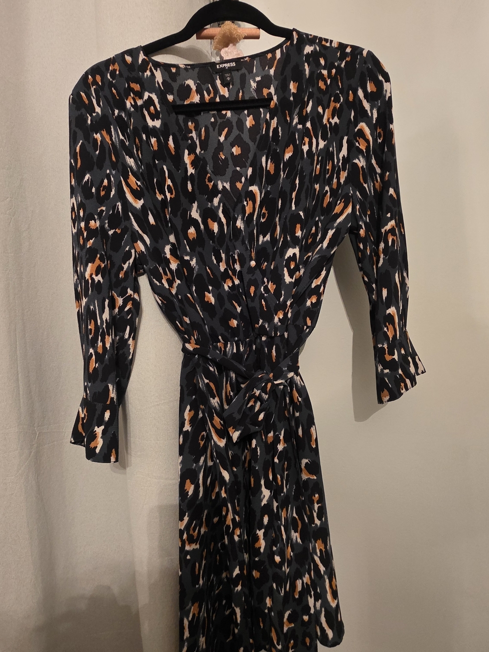Express Black Leopard-Print Long Sleeve Wrap Dress with Tan Accents